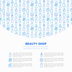 Fototapeta na wymiar Beauty shop concept thin line icons: skin care, cream, gel, organic cosmetics, make up, soap dispenser, nail care, beauty box, deodorant, face oil, shampoo, sheet mask. Modern vector illustration.