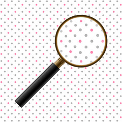 Vector Realistic Magnifier. Isolated Gold Metal Magnifying Glass With Black Handle Enlarging Dot Pattern. Zoom Tool With an Optical Lens. Scientific or Detective Research, Study, Discovery Concept.