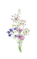 Watercolor motley bouquet of wild flowers