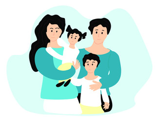 Mom and dad with their children: daughter and son. Family with two children. Cute flat characters peole. Happy Family Day congrats card. Love and life. 