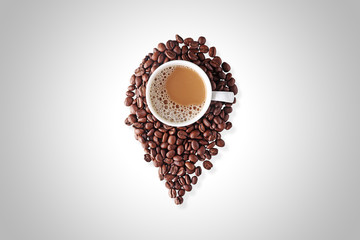coffee is here, location icon created from coffee beans and drink
