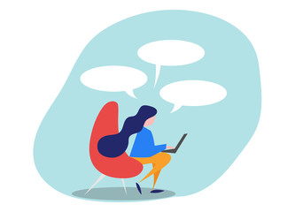 Freelance woman working on laptop at her house. Vector flat illustration isolated on white background.