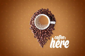 coffee is here, location icon created from coffee beans and drink