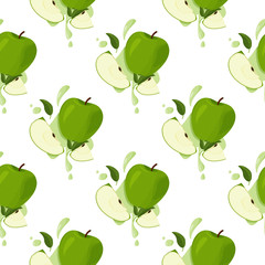 Fresh green apples seamless vector patter. Summer bright fruits with splashes background.