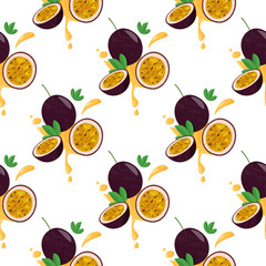 Seamless pattern with whole passion fruit and half on white background. Tropical vegetarian food background.