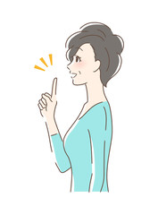 笑顔で指をさす女性の横顔