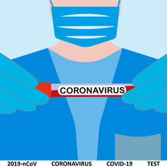 Vector illustration of a doctor holding a blood test tube.Coronavirus blood test concept.Blood Sample.Flat vector,graphic element.