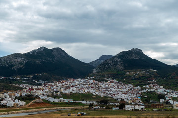 Panaramic view with white houses on the mountain in Tetouan, Morocco