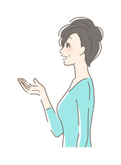 笑顔で手を差し出す女性の横顔