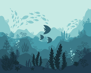 background underwater world, sea ocean, fish animals, algae and coral reefs, vector illustration hand drawing - 340313269