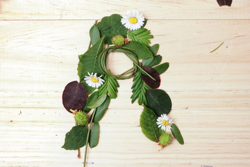  letra A hecha de hojas de plantas y flores naturales sobre madera  © DondykRiga