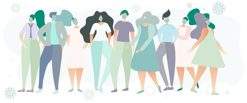 Line of people with protective medical masks during Coronavirus epidemic. Stay safe, protect yourself and others. Vector illustration.
