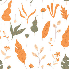 Stylized Foliage and Flora Shapes in Vector Seamless Pattern