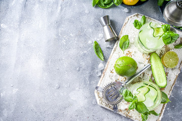 Cucumber basil smash gin and vodka alcohol cocktail. Infused summer mocktail with fresh basil leaves, citrus fruit and cucumber,