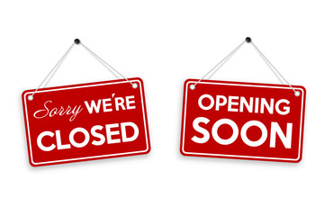 Sorry we're closed and opening soon door sign isolated on white background. Vector illustration.