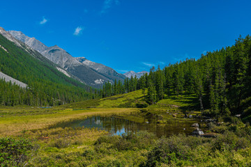 Fototapeta na wymiar lake in mountain valley, surface of water under rocky peaks, mountain surface on horizon, path to top and its achievement by river