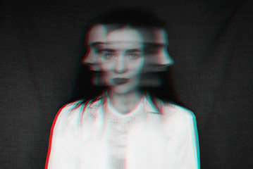 black and white portrait of a girl with a split personality and psychological disorders with a...