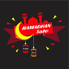 Ramadan flash sale with yellow moon, red mosque silhouette  and red banner isolated on dark background
