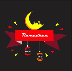 Ramadan flash sale with yellow moon and red banner isolated on dark background
