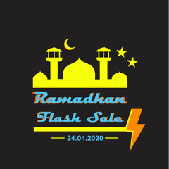 Ramadan flash sale with yellow mosque silhouette isolated on dark background
