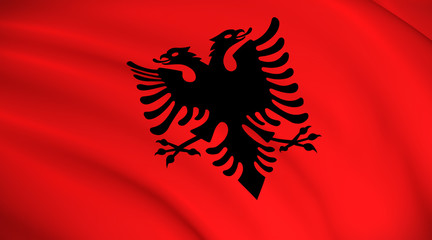 Albania National Flag (Albanian flag) - waving background illustration. Highly detailed realistic 3D rendering