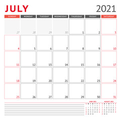 Calendar template for July 2021. Business monthly planner. Stationery design. Week starts on Sunday