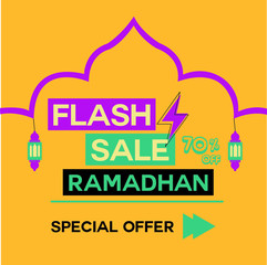 Ramadhan flash sale vector illustration with bolt and lamp isolated on orange background