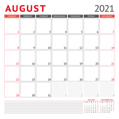 Calendar template for August 2021. Business monthly planner. Stationery design. Week starts on Sunday