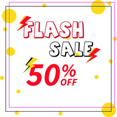 Flash sale vector illustration 50% off decorated with bolt and circle isolated on light background