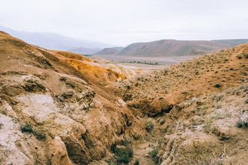 dry clay ravine due to soil erosion, sandy bed of a dried up river, drought in the steppe, lack of...