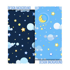 Night sky. Space backgrounds. Vector set seamless patterns. Sleeping month, stars and clouds. Design for baby textiles. Seasonal themed background.	