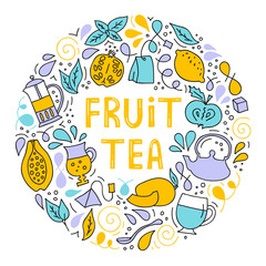 Fruit tea. Round hand-drawn colorful poster with lettering. Vector frame for menu design, packaging, signage and advertising. Composition with abstract doodle elements.