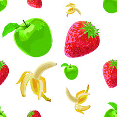 Seamless pattern with 3D vector apple, banana and strawberry. Fruits and berry seamless decorative elements isolated on white perfect for print, packaging and all kinds of design.