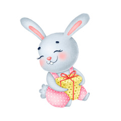 Cute cartoon birthday bunny with a gift on a white background