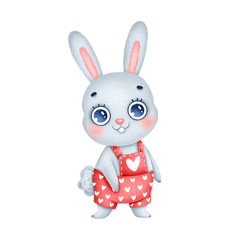 Cute cartoon bunny in red overalls with hearts on a white background