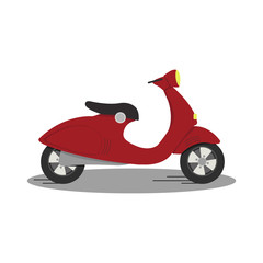  Red scooter for home and office delivery. Fast and free delivery of products, food, goods. Vector and stock illustration. Icon, logo, design elements, concept for website.