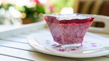 berry dessert with Chia seeds on a white plate