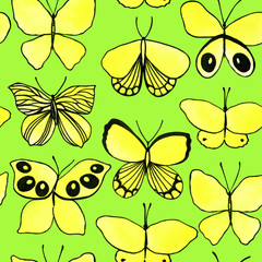 Seamless pattern with hand painted watercolor yellow butterflies. Stock illustration. Fabric wallpaper print texture.