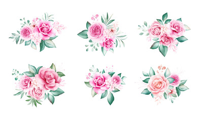 Fototapeta na wymiar Set of watercolor flowers bouquet. Floral illustration of soft peach roses, leaves, and buds arrangement. Botanic composition design for wedding, greeting card isolated white background