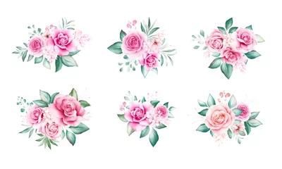 Glasschilderij Bloemen Set aquarel bloemen boeket. Floral illustratie van zachte perzik rozen, bladeren en knoppen regeling. Botanisch compositieontwerp voor bruiloft, wenskaart geïsoleerde witte achtergrond