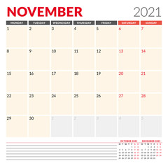 Calendar template for November 2021. Business monthly planner. Stationery design. Week starts on Monday