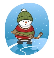 Obraz premium Vector cartoon drawing of a snowman with old hockey equipment (hat, jersey, stick, skates) on a frozen lake.