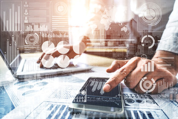 Big Data Technology for Business Finance Analytic Concept. Modern graphic interface shows massive...