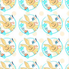 Obraz na płótnie Canvas Seamless pattern with cute Easter Bunny background with polka dots. Hi! unique rabbit vector seamless clipart elements isolated on white perfect for print and all kinds of design.