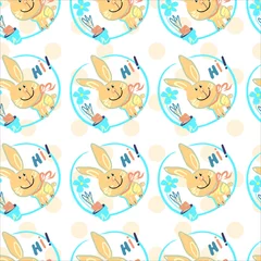 Rolgordijnen Speelgoed Naadloze patroon met schattige paashaas achtergrond met polka dots. Hoi! unieke konijn vector naadloze clipart-elementen geïsoleerd op wit perfect voor print en allerlei design.