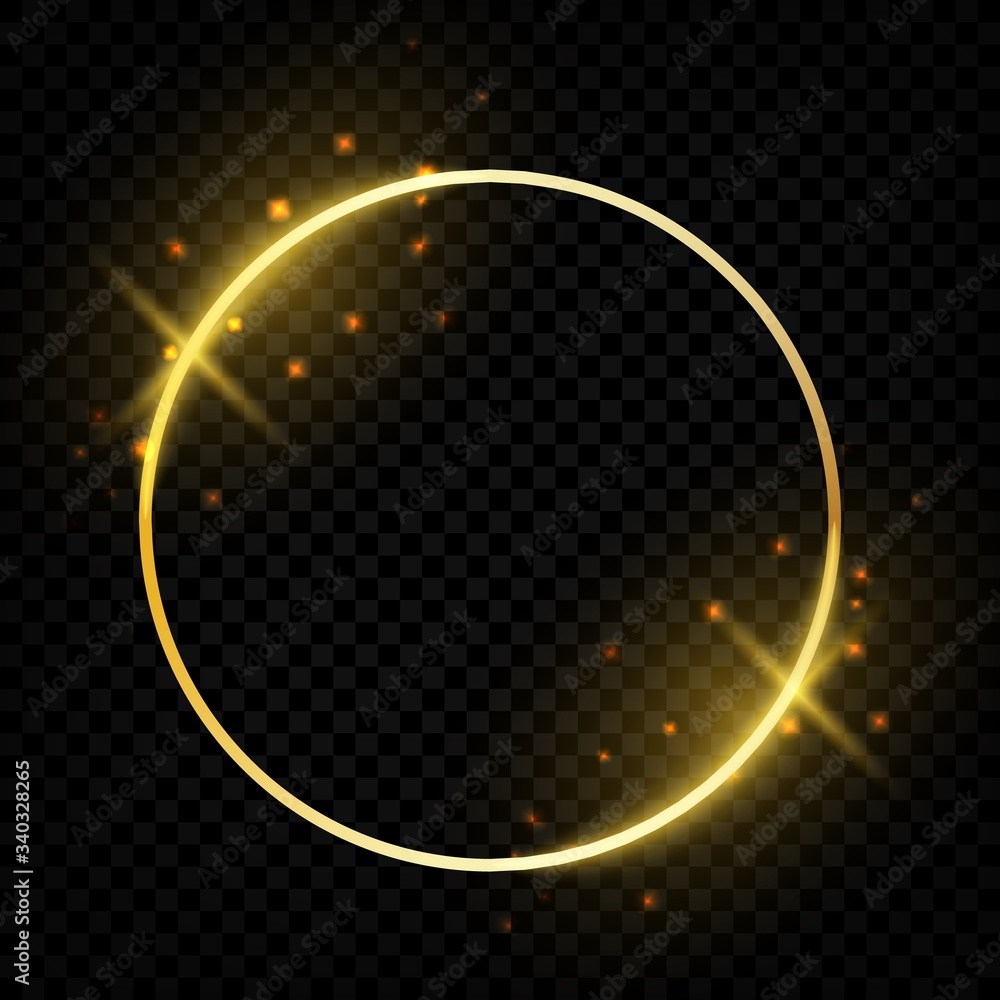Poster circle shiny golden frame. glowing round border with magic sparkles greeting cards. vector template 