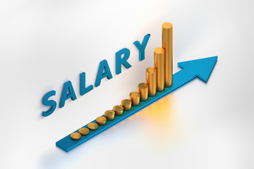 Concept illustration of salary raise increase. Blue arrow with golden coins and large word salary. 3d illustration.