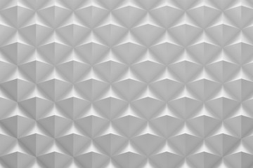 Simple minimalistic white geometric pattern with low poly shapes pyramids over the surface. 3d illustration.