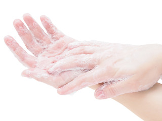 Soap hands close-up isolate on a white background. Step-by-step instructions for hand washing. Ways to protect against microbes in the coronavirus, covid-19 and flu pandemics