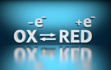 Concept illustration with equation of oz red chemical reaction. Electron transfer simplified scheme in bold white letters on blue background. 3d illustration.